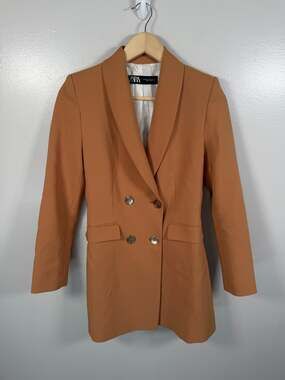 Zara Double Breasted Tailored Frock Coat Blazer Jacket XS Camel Brown Career